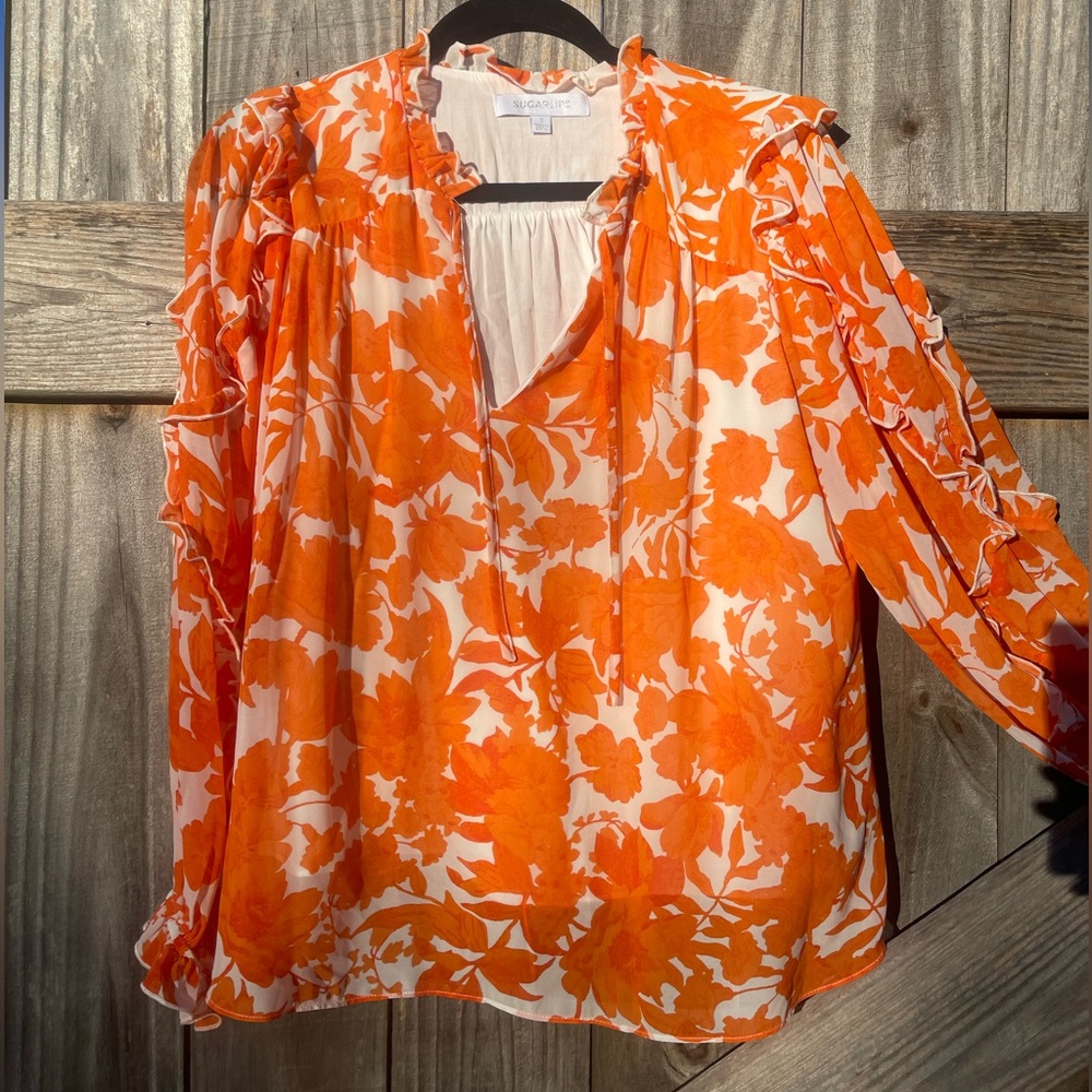 Sugarlips Orange and White Floral Ruffled Top Size S - Picture 3 of 8